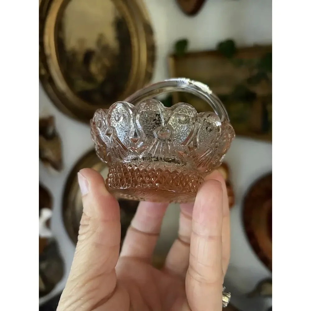 Vintage Pink Depression Glass Basket Small 3” Diameter Floral Glass Mini Basket